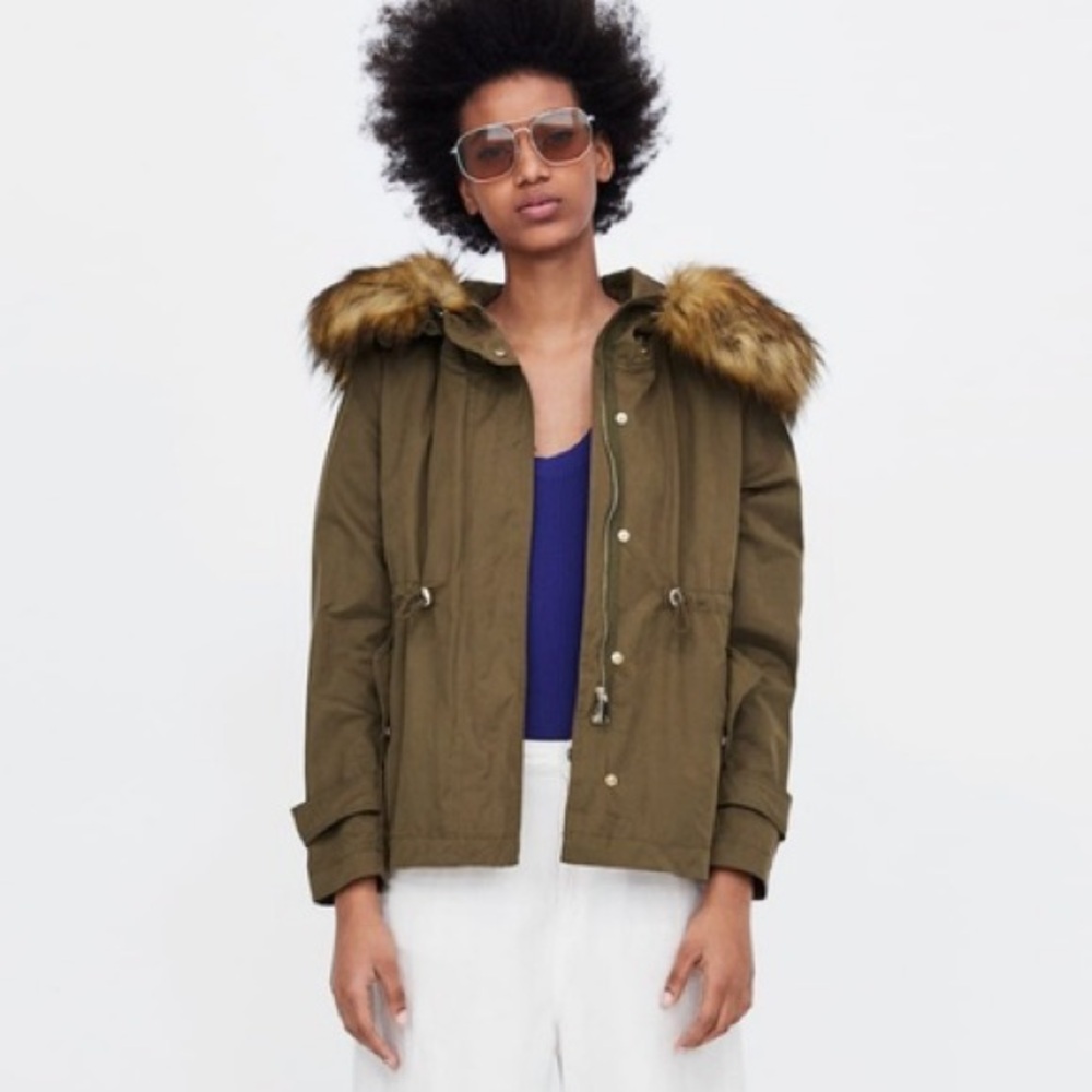 Zara Woman Hooded Utility Jacket with Removable Quilted Vest Olive Green Size XS